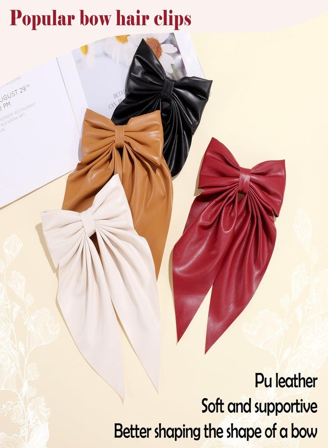 oneye Large Bow Hair Clips for Women Leather PU Hair Bows Hair Ribbon Clips with Long Tail Big Bow Metal Barrettes Hair Accessories for Women Girls with 4PCS - Image 5